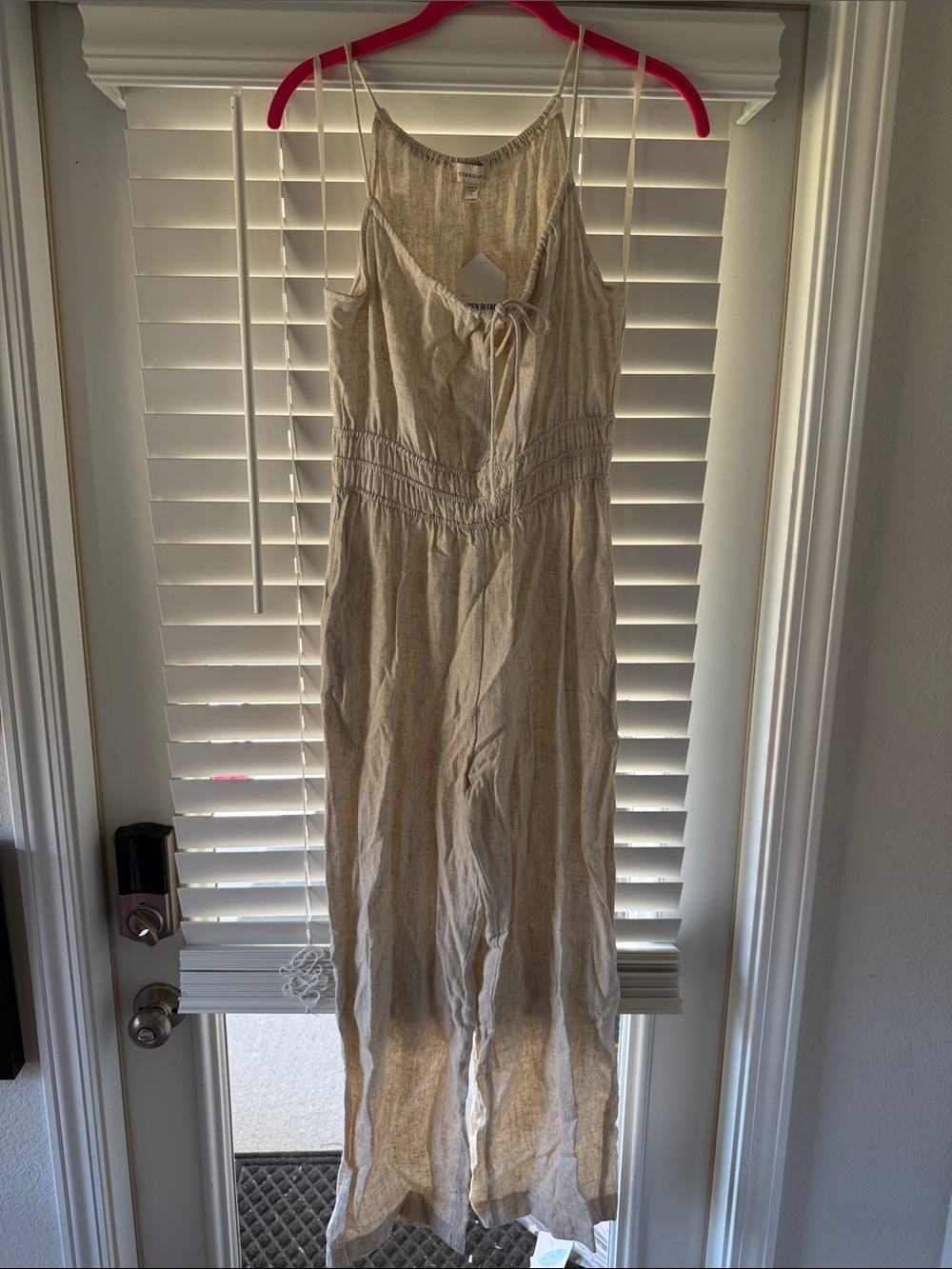 Light Cream Spaghetti-Strap Linen Jumpsuit with Smocked Waist